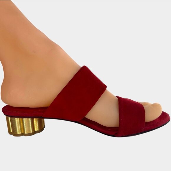 Salvatore Ferragamo Belluno Lipstick Suede Calf Flower Heel Slide Sandals US 4.5 - Picture 3 of 14